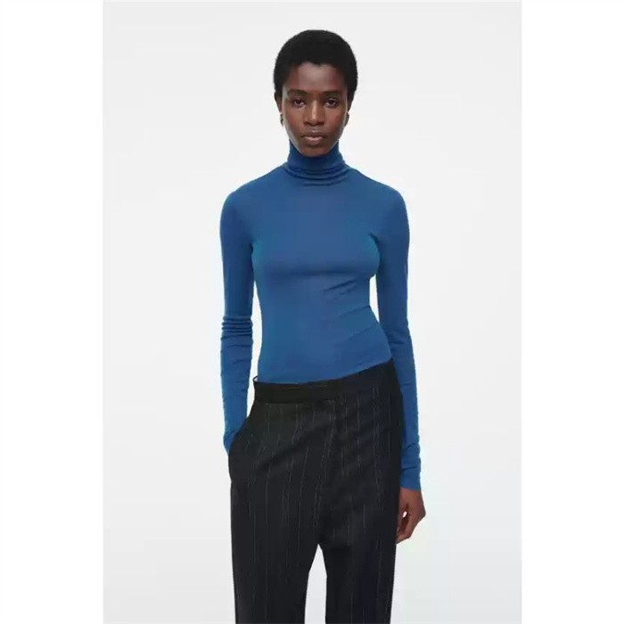Original Women's Clothing Autumn and Winter Slim High-Neck Wool Inner Sweater Blue Thin Base Shirt 0989040067