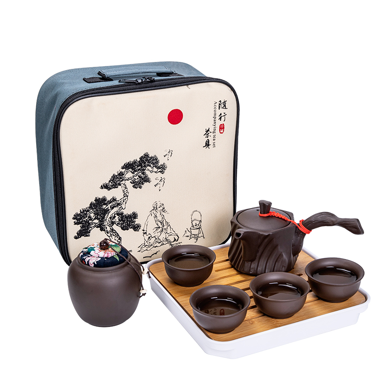 Portable travel tea set with a pot of four cups of tea tray was violet arenaceous kung fu receive charter to their simple meal