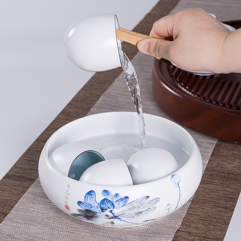 White porcelain ceramic tea wash water, after the writing brush washer of blue and White porcelain tea set spare parts for household large wash in hot cup bowl cylinder flowerpot