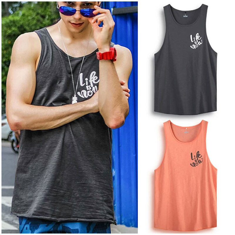 Pure Cotton Beach Vest Men Seaside Holiday Loose Sleeveless Bamboo Joints Cotton T-shirt Fabric Sweatshirt Sports Pure Color Inner Lap Clothing