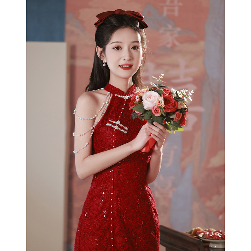 Bridal Morning Robe, New Chinese-Style Red Cheongsam, Toast Dress, 2026 New Halter Neck Tassel Engagement Dress, Women's Summer Dress