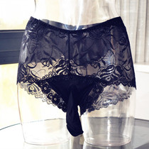 Mens lace sex underwear mens boxer pants breathable thin sexy open file jj set boxer pants ultra-thin stockings