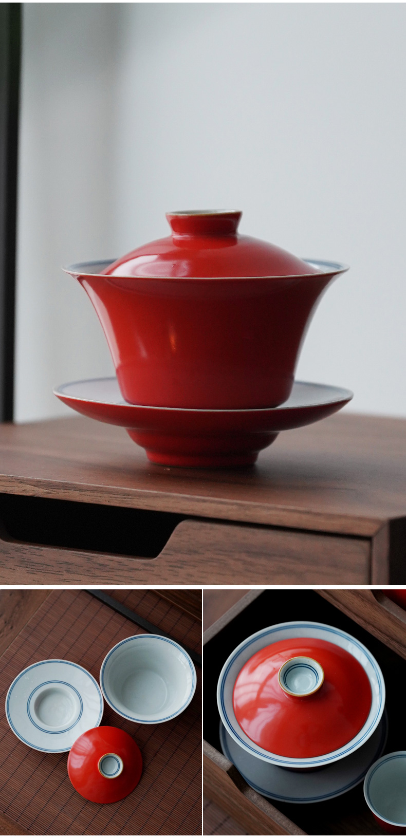 Jingdezhen coral red pure manual three tureen tea bowl with single GaiWanCha kunfu tea ceramic cups