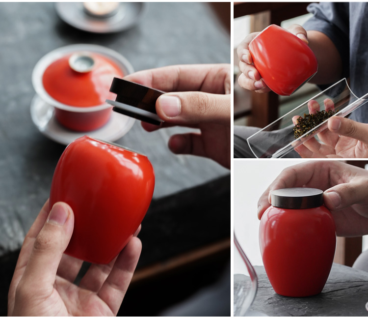 Jingdezhen coral red tea pot receives ceramic seal tank portable ceramic pot pot tea sealing the trumpet