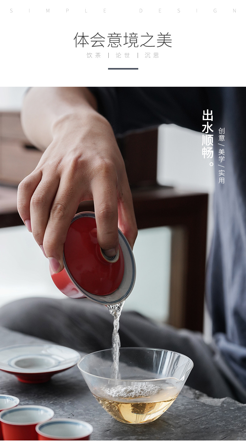 Jingdezhen coral red pure manual three tureen tea bowl with single GaiWanCha kunfu tea ceramic cups