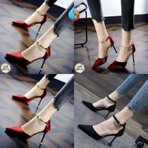 Sexy satin one word buckle pointy rhinestone red wedding shoes 2020 spring stiletto dress high heels womens singles