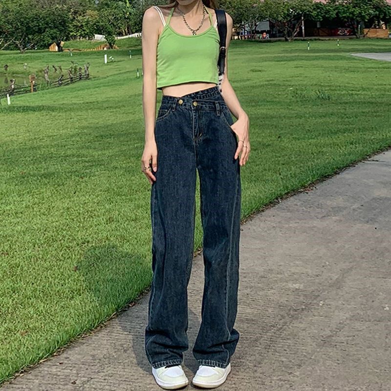 Salt style wearing small jeans female retro high waist slim straight irregular all-match 2021 autumn new trend