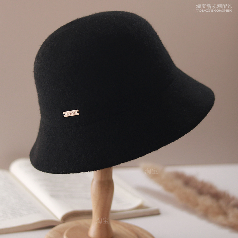 Wool knitted fisherman hat women's thickened warm casual all-match solid  color hat winter basin hat small black hat showing face