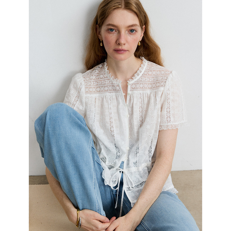 Island Breeze "A Glimpse of Eternity" Korean Imported Heavy Lace Embroidered Patchwork Waist-Cinching Short Sleeve Shirt