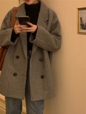 Блэйзер 复古西服女士秋装2024年新款韩版宽松英伦风百搭格子西装外套加厚