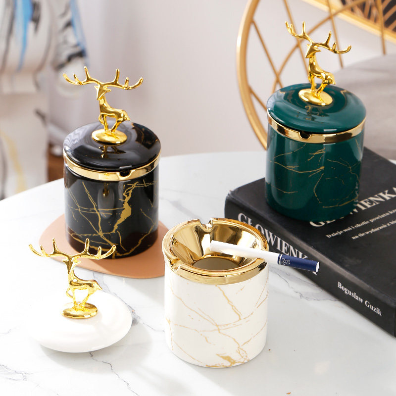 Nordic light luxury high-end ceramic ashtray with lid creative personality trend home living room funnel anti-flying ash smoke