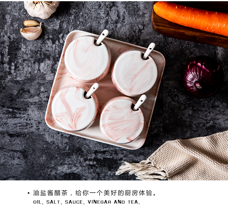 Korean marble kitchen ceramic seasoning box of household salt chili oil seasoning to taste pot three suits for