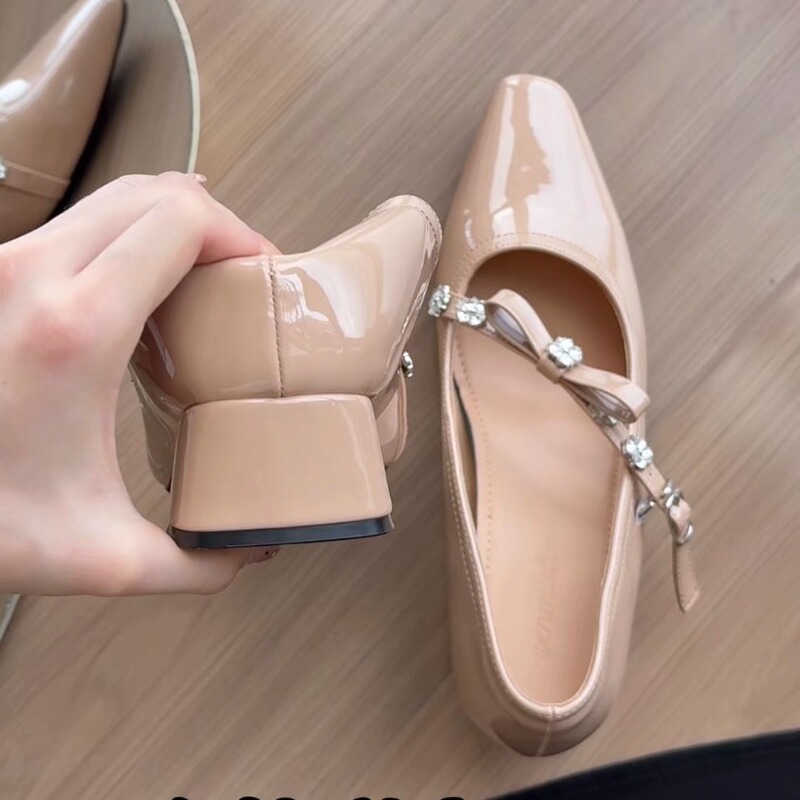 7cm Internal Height Increase Nude Pointed-Toe High-Heeled Mary Jane Women's Shoes 2025 New Style Chunky Heel Matching Dress Shoes Bridesmaid Shoes