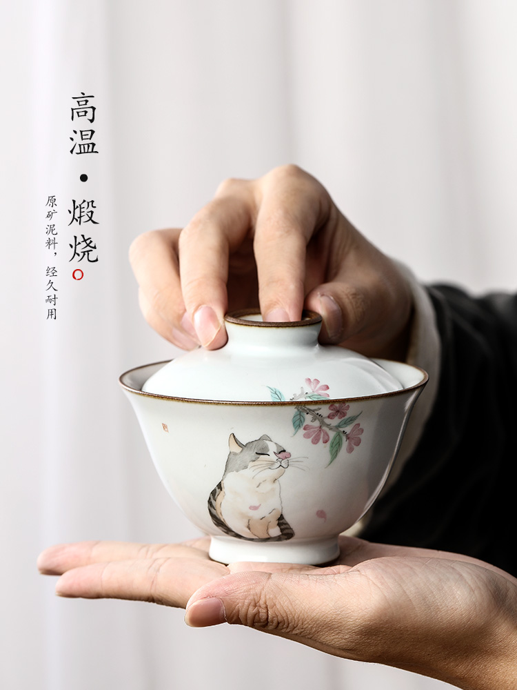 Your up hand - made tureen tea tea bowl jingdezhen upset against the hot piece of ceramic tea set pure manual open cat tea