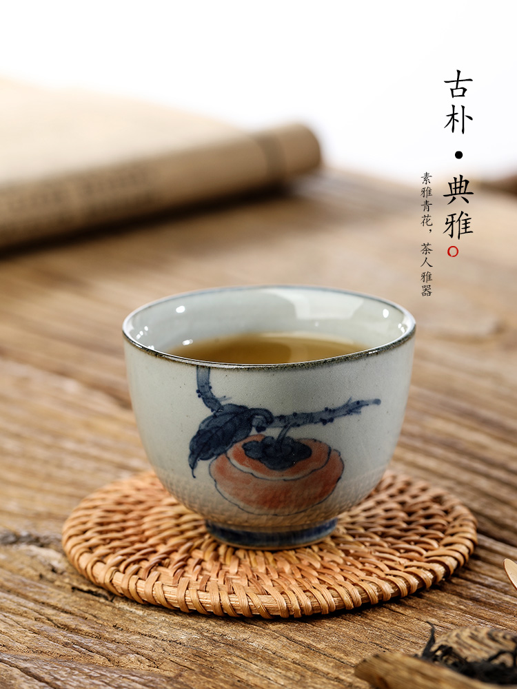 Jingdezhen blue and white hand - made master cup checking clay sample tea cup single CPU kung fu tea set persimmon tea cup only