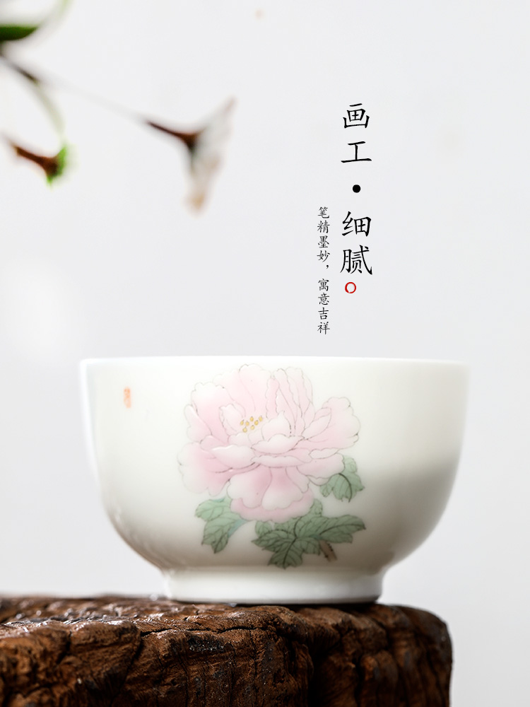 Jingdezhen hand - made ceramic kung fu tea cups white porcelain sample tea cup single cup pure manual peony masters cup single tea set