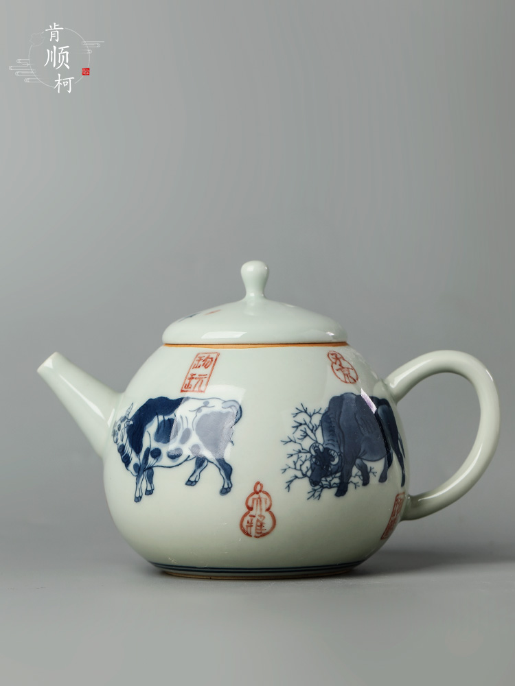 Pure manual teapot single jingdezhen hand - made zodiac WuNiu ceramic tea pot pot of Chinese style ball hole teapot