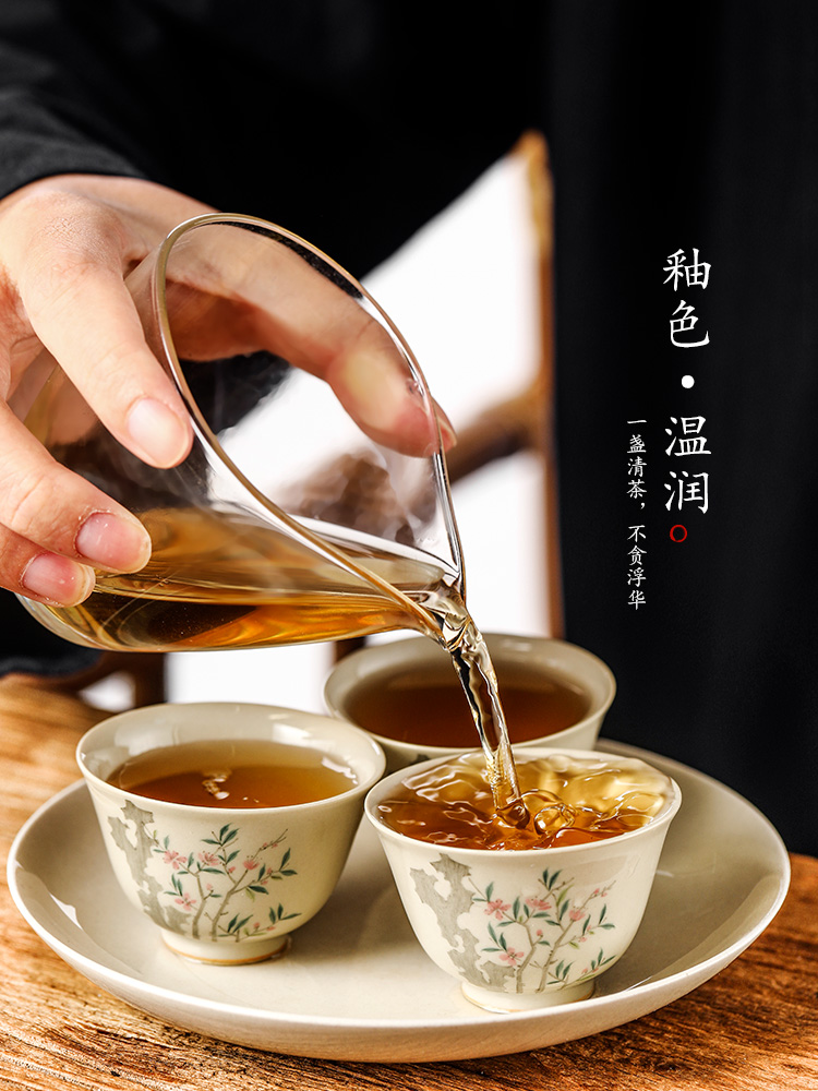 Master kung fu tea cup single cup pure manual jingdezhen hand - made sample tea cup single plant ash glaze peach blossom put to use