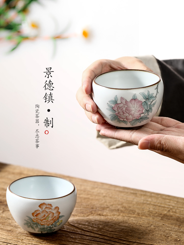 Your up master kung fu tea cup single CPU jingdezhen checking sample tea cup hand - made ceramic tea set peony is female