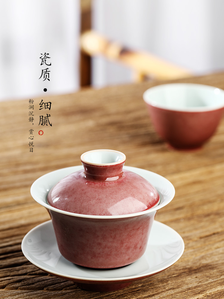 Cowpea red three tureen tea cups only protect hot large jingdezhen ceramic tea set pure manual kung fu always is getting out