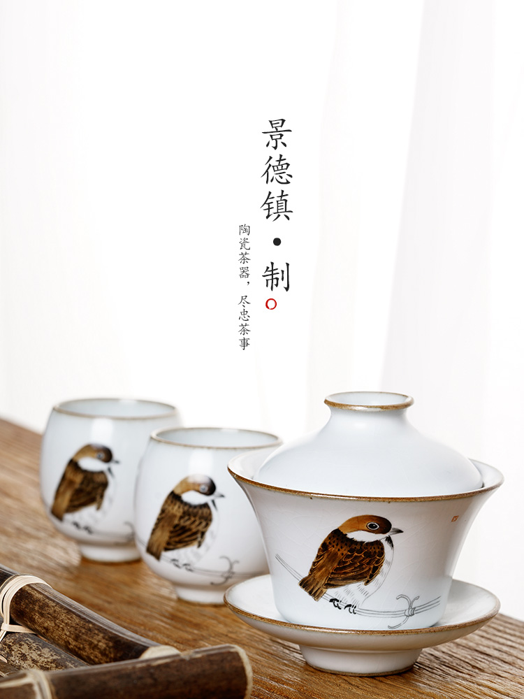 Your up jingdezhen tea machine hand draw birds only three tureen tea cups large bowl tea hot high - end kung fu