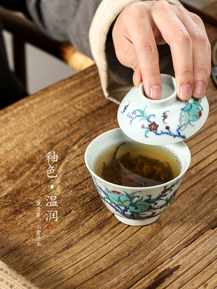 Jingdezhen tureen tea pure manual Chinese trumpet hand - made ceramic tea bowl f peach kunfu tea, hot prevention