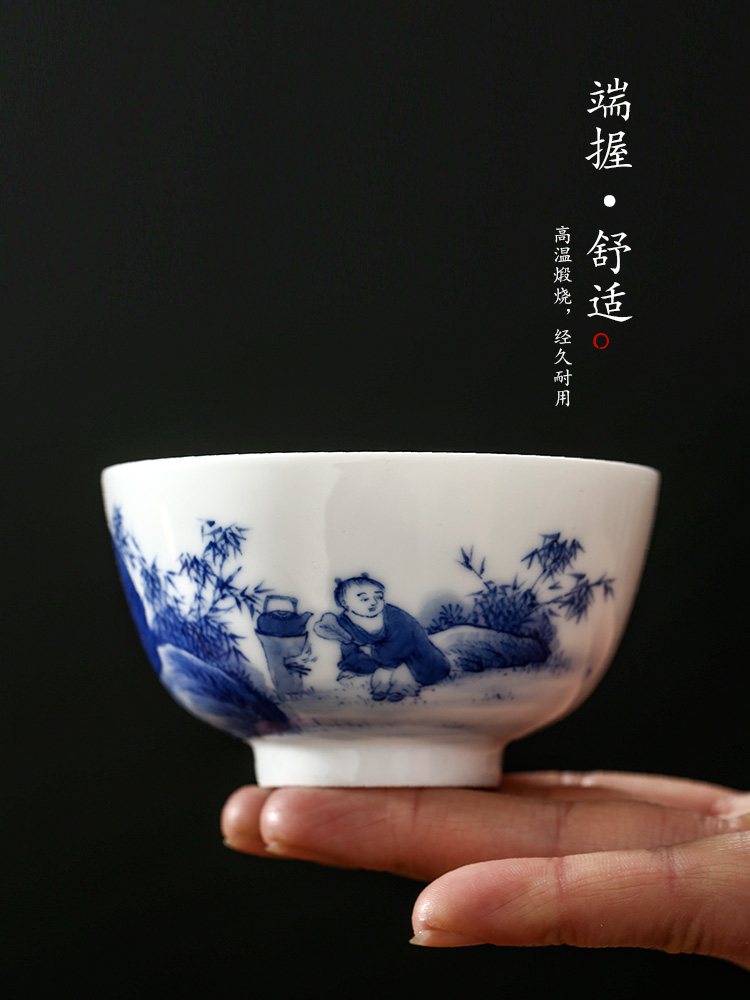 Jingdezhen blue and white master cup single cup large pure manual hand - made sample tea cup single white porcelain character kung fu tea cups