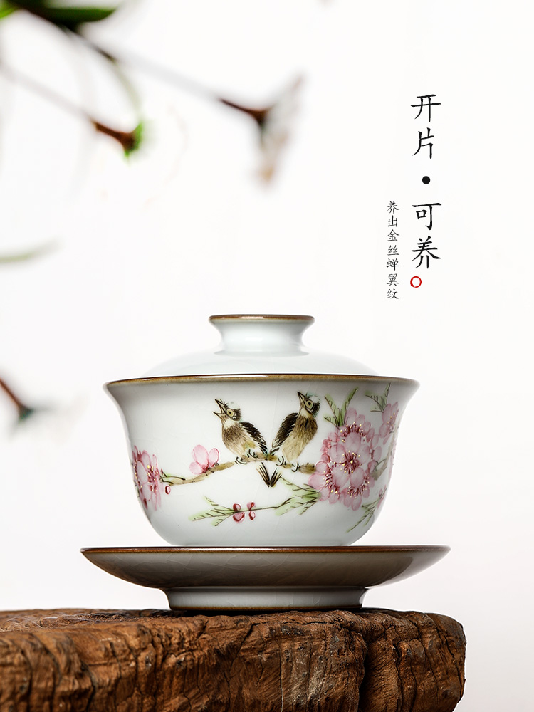 Light peach blossom put tea three Xu Jiaxing hand - made water tureen prevent hot large jingdezhen checking make tea bowl of tea