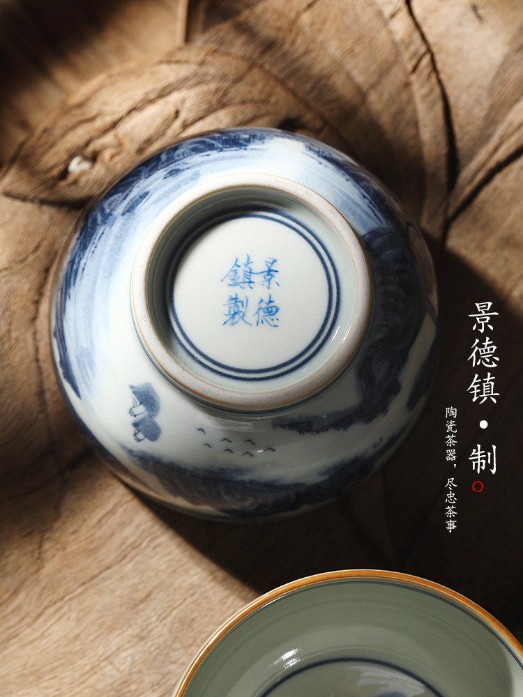 Jingdezhen blue and white ceramic kung fu master cup single cup pure manual teacups hand - made scenery sample tea cup only tea