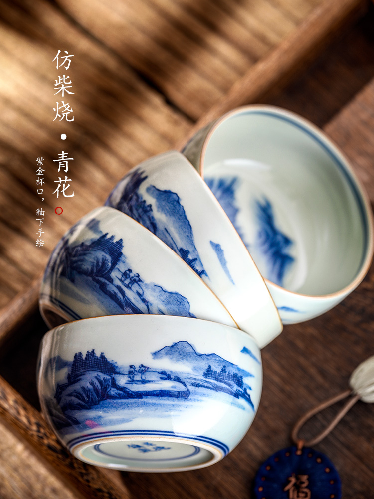 Jingdezhen blue and white master hand - made ceramic cup single cup large bowl landscape sample tea cup tea gift box packaging