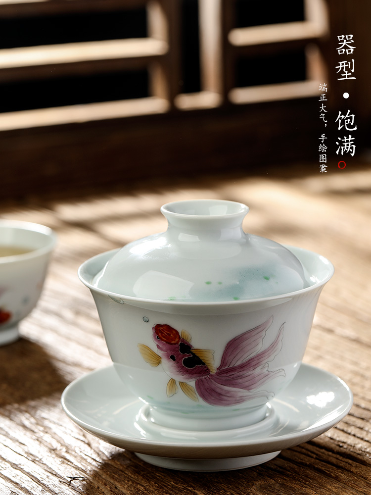 Jingdezhen hand - made only three tureen tea cups of Chinese style restoring ancient ways goldfish bowl is pure manual ceramic kung fu tea set against the very hot