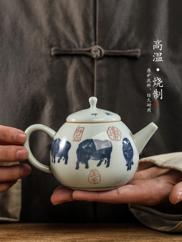 Pure manual teapot single jingdezhen hand - made zodiac WuNiu ceramic tea pot pot of Chinese style ball hole teapot