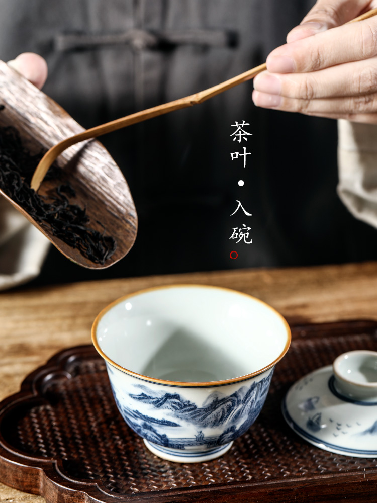 Pure manual tureen jingdezhen porcelain cups a single hot tea bowl hand - made landscape ceramic kunfu tea tea set