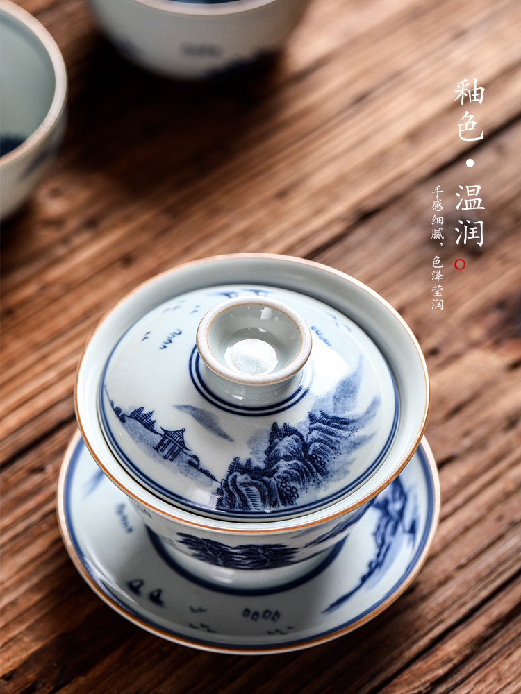 Jingdezhen blue and white only three tureen tea ware kongfu tea cup single use prevent hot pure manual hand - made of scenery