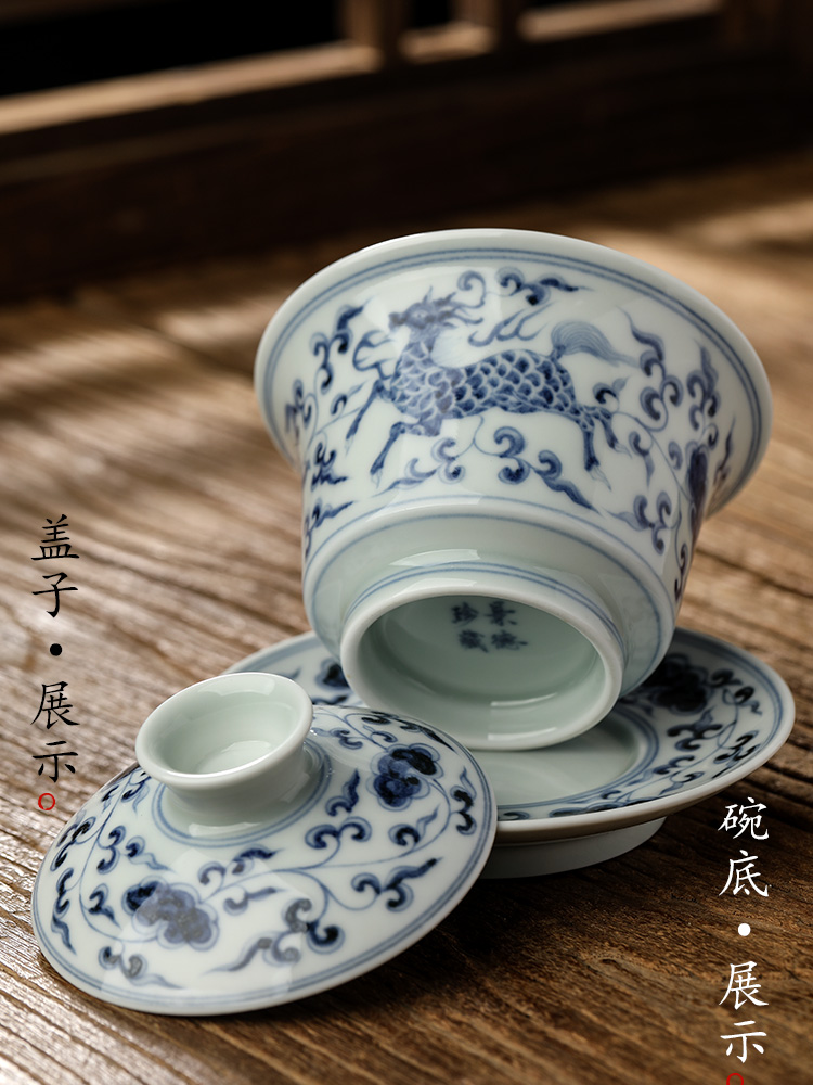 Jingdezhen blue and white only three pure manual tureen tea Chinese tea bowl of hand - made of ceramic kung fu tea set male restoring ancient ways