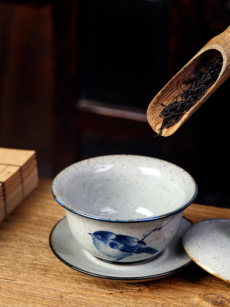 Pure manual jingdezhen blue and white hand made clay riches and honour bird only three tureen kunfu tea tea bowl of tea cup hot woman