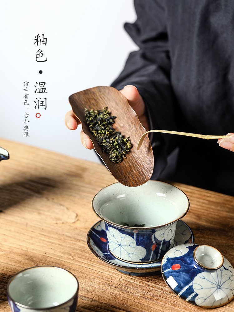 Jingdezhen blue and white tureen tea is a single cup tea large hot upset kunfu tea hand - made lotus tea