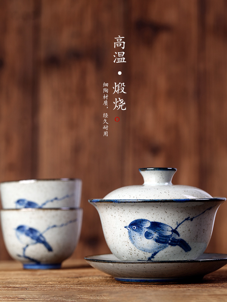 Pure manual jingdezhen blue and white hand made clay riches and honour bird only three tureen kunfu tea tea bowl of tea cup hot woman