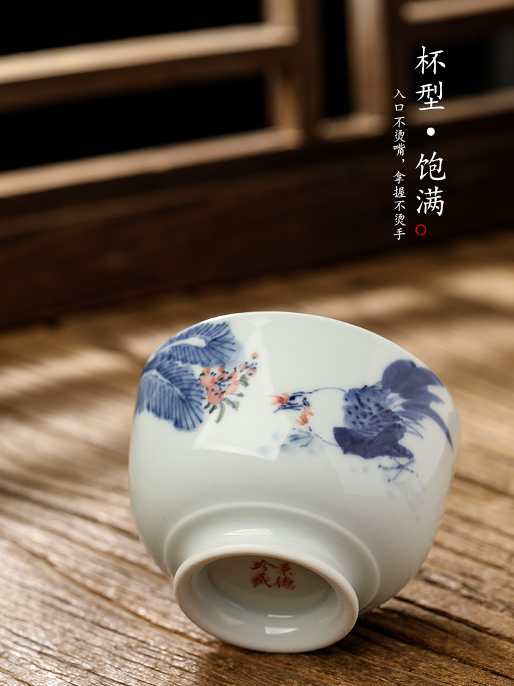 Pure manual jingdezhen blue and white master cup sample tea cup single CPU getting tea hand - made big chicken retro kung fu tea cups