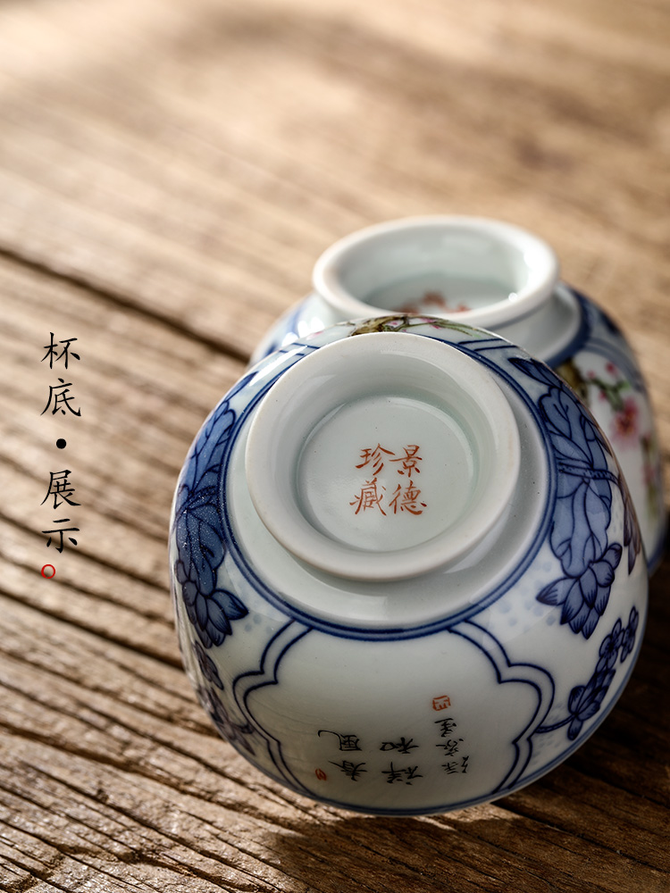 Jingdezhen hand - made peach blossom put water point master cup single cup pure manual blue - and - white kung fu tea tea set sample tea cup only