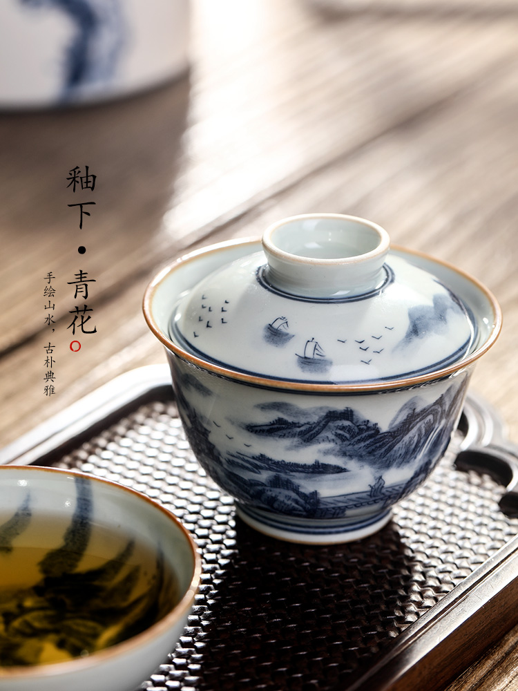 Pure manual tureen jingdezhen porcelain cups a single hot tea bowl hand - made landscape ceramic kunfu tea tea set