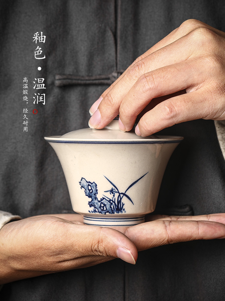 Jingdezhen blue and white tureen single tea is pure manual effort against the hot tea cup hand - made orchid plant ash tea sets