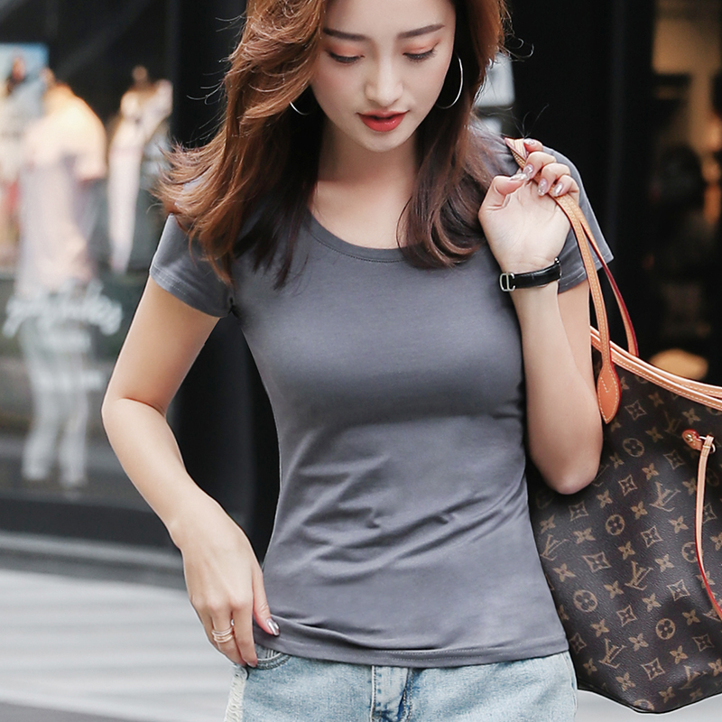 . Vòng cổ ngắn phong cách ngắn tay Grey t-shirt của phụ nữ ins chặt đầu mùa hè 2020 mới áo thun thoải mái