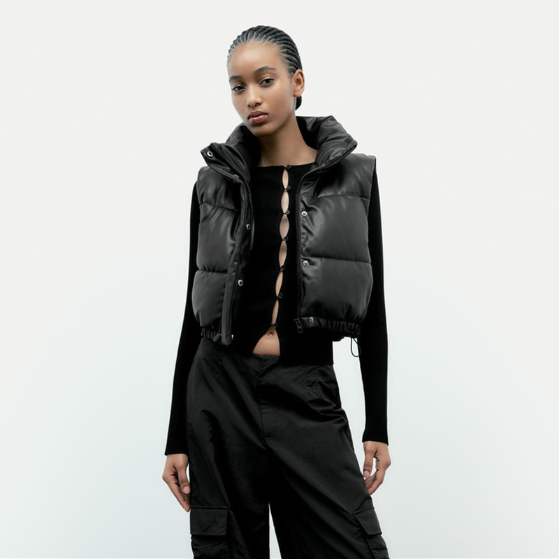Autumn and Winter New Trf Women's Black Short Vest Imitation Leather Cotton Vest 4341804 800