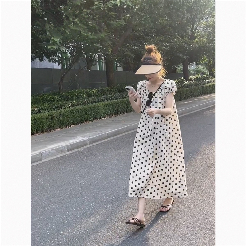 Summer Plus-Size Polka Dot Backless Dress for Plus-Size Women 120kg Loose-Fitting Casual Maternity Puff Sleeve T-Shirt Long Dress
