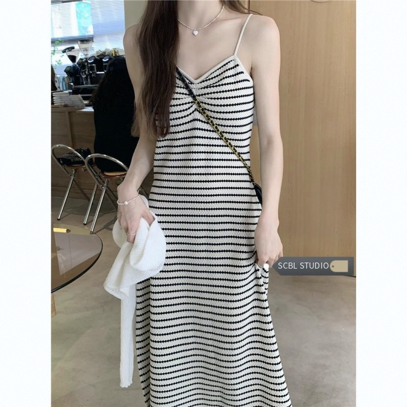 Color-Block Striped Knit Camisole Dress 2026 Summer New Korean Style Mid-Length Slimming Tank Dress Trendy for Work Commute