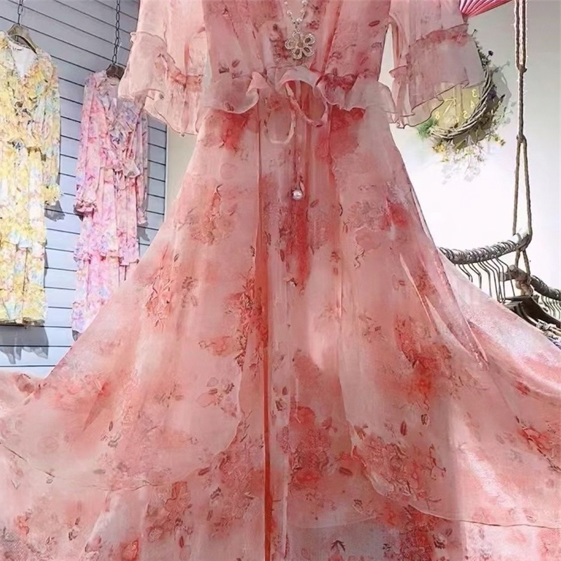 Paris Crystal Silk Belly-Covering Dress for Women, New Summer Fashionable and Elegant Fairy Long Floral Dress Trend