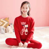 Hengyuan Xiang girl red life of the underwear set plus and thicker belongs to the cow girl 12 years old warm underwear