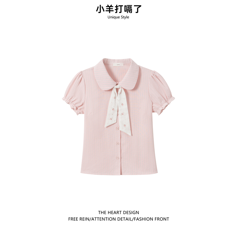 Summer Pink Striped Doll Collar Puff Sleeve Shirt for Women 2026 New Style Preppy Slim Fit Tie Short Sleeve Top