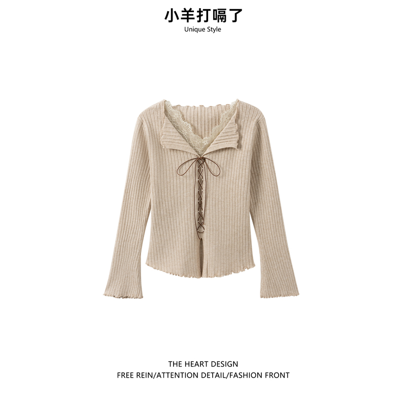 2026 Autumn New Miu Series Lace Trim Lapel Tie Knit Sweater Women's Slim Fit Long Sleeve Base Shirt 2026 Autumn New Miu Series Lace Trim Lapel Tie Knit Sweater Women's Slim Fit Long Sleeve Base Shirt